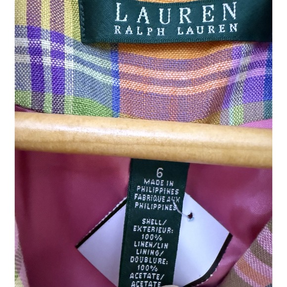 Lauren Ralph Lauren Blazer Women's 6 Multicolor Plaid 100% Linen Lined Pockets - Picture 7 of 9